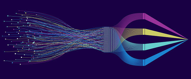 Big Data visualization. Structuring chaotic points with lines. Geometric abstract blue background.