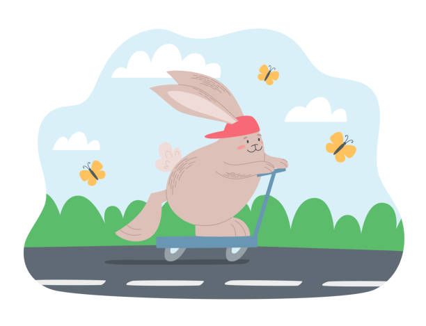 милый зайчик в кепке едет на скутере по тротуару летом - butterfly cartoon symbol push scooter stock illustrations