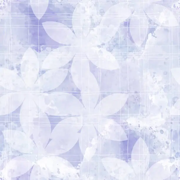 Vector illustration of Seamless monochrome pattern with  hand-drawn abstract flowers on lilac watercolor background. Perfect for wallpaper, wrapping, fabric and textile.