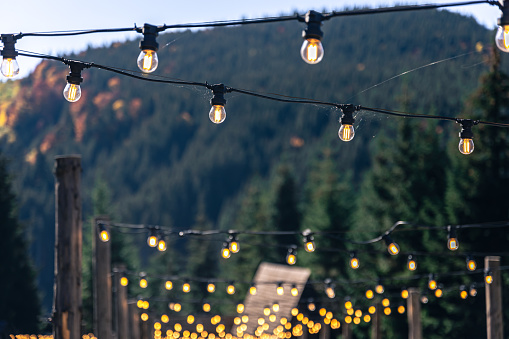 Decorative light bulbs on wooden poles in a forest in a mountainous area.