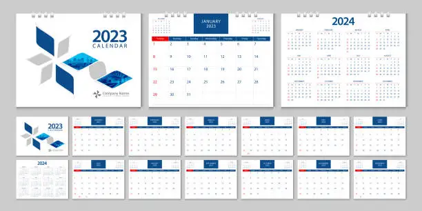 Vector illustration of Calendar 2023, calendar 2024  week start Sunday corporate design planner template.