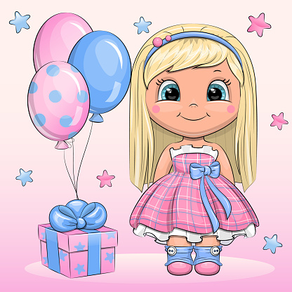 Cute cartoon girl in a beautiful dress and a gift box with balloons.