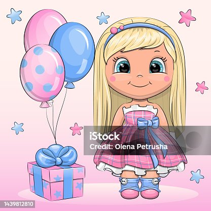 istock Cute cartoon girl in a beautiful dress and a gift box with balloons. 1439812810