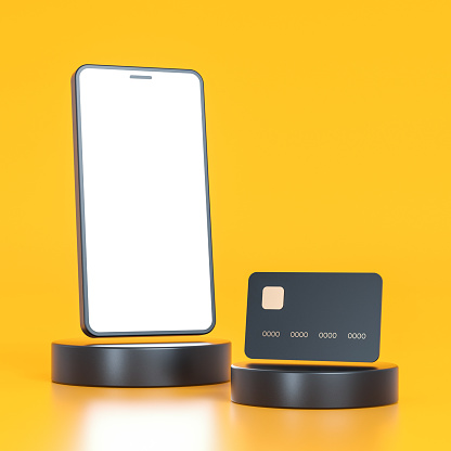 Podium with a phone and a credit card on a yellow background, gifts for the holidays through online shopping - 3D rendering