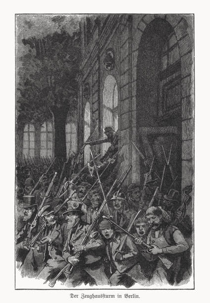 1848년 6월 14일 베를린 아스날 공격, 목판화, 1893년 출판 - arsenal stock illustrations