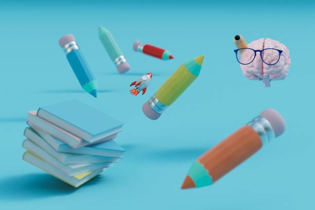 istock the concept of rapid learning. books, pencils, a brain and a rocket on a blue background. 3D render 1439814183