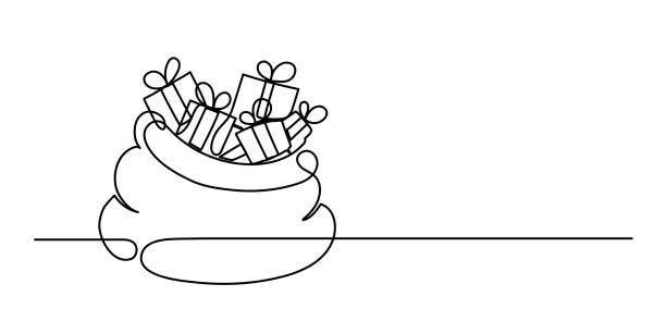 illustrazioni stock, clip art, cartoni animati e icone di tendenza di borsa di babbo natale piena di regali. disegno a linee continue. - sack santa claus christmas vector