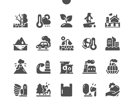 Ecology. Climate change. Weather, sprout, volcano, drought. Forest fire. Air pollution. Vector Solid Icons. Simple Pictogram