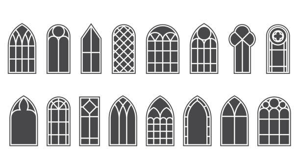 ilustrações, clipart, desenhos animados e ícones de janelas medievais da igreja. antigos elementos de arquitetura de estilo gótico. ilustração de glifo vetorial em fundo branco. - stained glass church window glass