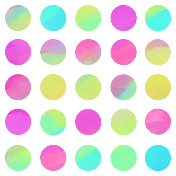 Vector illustration of Seamless watercolor dots pattern .Seamless pattern with rainbow colored watercolor circles. Hand drawn vector illustration isolated on white background. Design Element for Greeting Cards and Labels, Abstract Background.