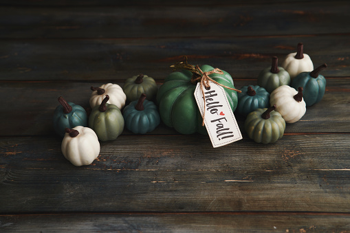 Overhead view of a collection of green and white pumpkins on a rustic wood table. Space for text