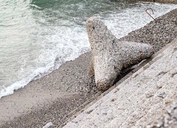 istock Breakwater on the beach. Calm water. Coastal management theme 1439818883