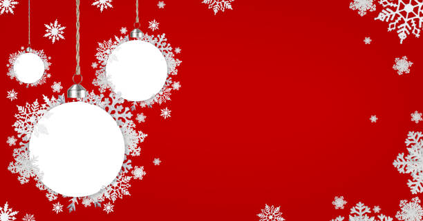Abstract Xmas Ornaments against Red Background with Snowflakes