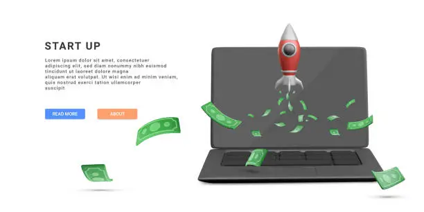 Vector illustration of 3d realistic start up banner with flying rocket, money and laptop.  Money investment concept. Vector illustration