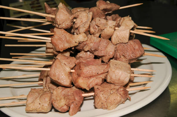 istock Peppered loin skewers, served on a white plate. 1439820152