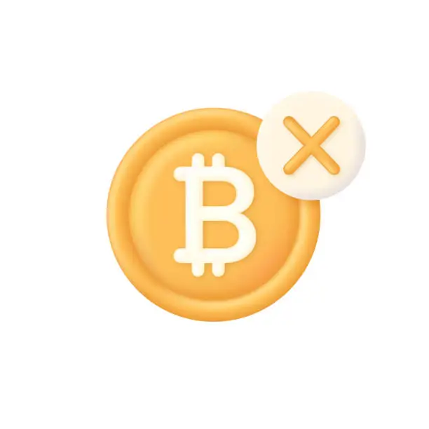 Vector illustration of 3D Bitcoin and cross mark illustration. Transaction online. Buy or sell currency online. Currency transaction.