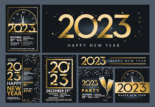 Vector illustration of a Set of Happy New Year 2023 party invitation design templates in metallic gold with glitter. Easy to edit with layers. Golden metallic on dark blue black background.