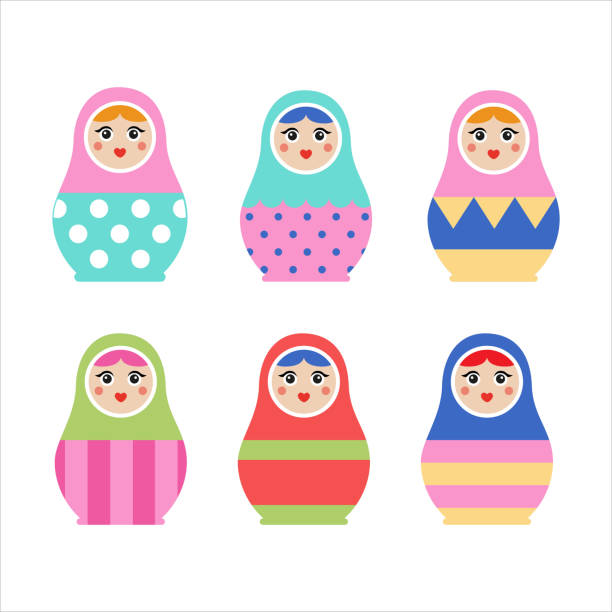 illustrations, cliparts, dessins animés et icônes de matryoshka, poupée russe traditionnelle. ensemble graphique de poupées gigognes colorées - russian nesting doll doll russian culture nobody