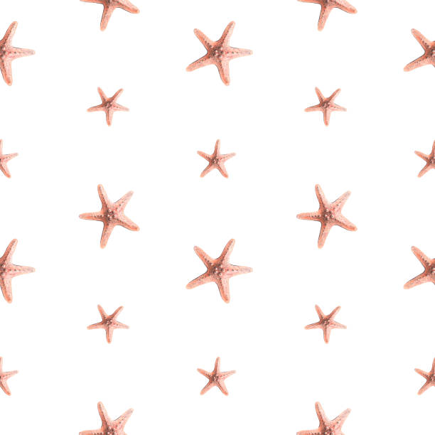 istock Coral colored starfish on a white background. Watercolor illustration. Seamless pattern from the collection of JELLYFISH AND SEAHORSE. For decoration and design of fabric, textiles, wallpaper, paper. 1439823422