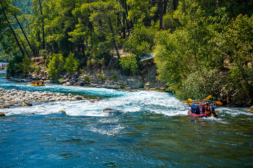Manavgat, Turkey - September 12, 2022: Canyoning and rafting trip of Koprucay River in Manavgat of Antalya, Turkey.