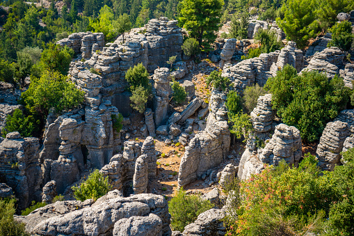 View of rock in mountains in canyon. Spectacular natural panoramic landscape with canyon cliffs and stones, Turkey. High quality photo