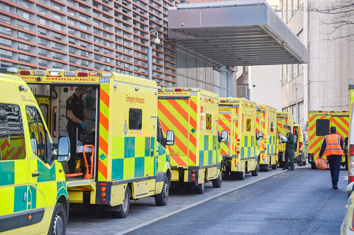 London, UK - February 17 2019: British ambulance in rush on London street