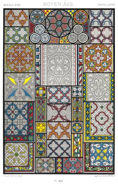 xiii, xiv i xv wiek – witraże (42 wzory), ornament kolorowy 1885. - cher stock illustrations