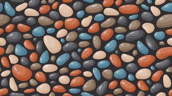 Pebble seamless pattern. Smooth stones background. Cartoon cobblestone paving texture. Sea or river pebbles and rocks repeating wallpaper. Vector backdrop.