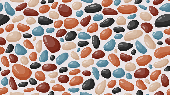 Pebble seamless pattern. Smooth stones background. Cartoon cobblestone paving texture. Sea or river pebbles and rocks repeating wallpaper. Vector backdrop.