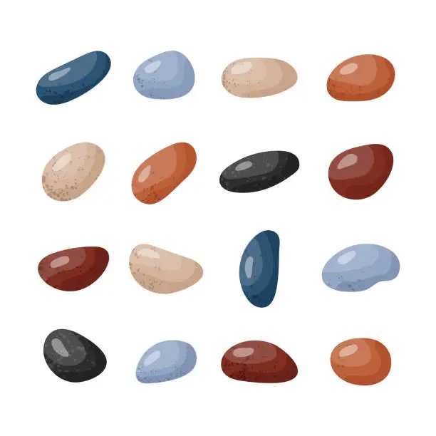 Vector illustration of Pebble stones collection. Different beach pebbles shape set. Various forms of smooth rocks. Sea or river pebbles. Spa or garden stones. Vector cartoon illustration.