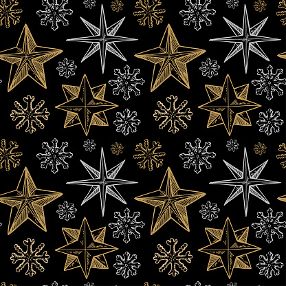 Merry Christmas and Happy New Year seamless pattern with golden hand drawn stars and snowflakes. Festive background. Vector illustration in sketch style