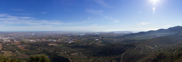 View from Montsianell looking towards Amposta, Montsia, Deltebre, Ebro Delta, and the Mediterranean in Catalonia, Spain stock photo