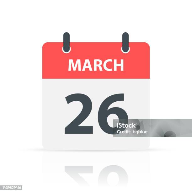 March 26 Daily Calendar Icon With Reflection On White Background Stock