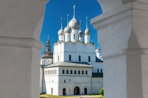 The Dormition Cathedral at the landmark Kiev Pechersk Lavra monastery in Kyiv Ukraine on a sunny day, a UNESCO World Heritage Site.