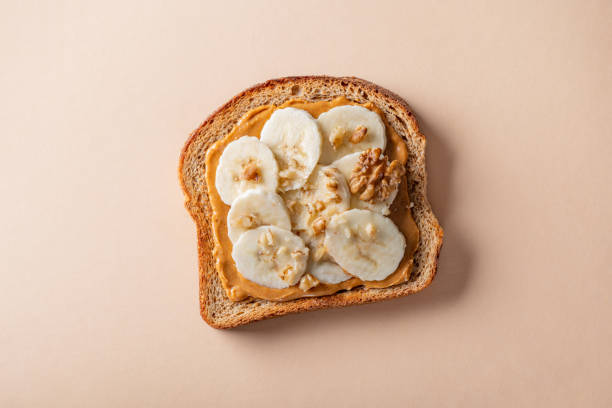 Healthy open sandwich with peanut butter stock photo