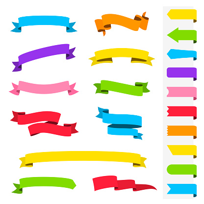 Set of Multicolored ribbons and banners (Red, orange, yellow, green, blue, purple, pink), isolated on a blank background. Elements for your design, with space for your text. Vector Illustration (EPS10, well layered and grouped). Easy to edit, manipulate, resize or colorize.