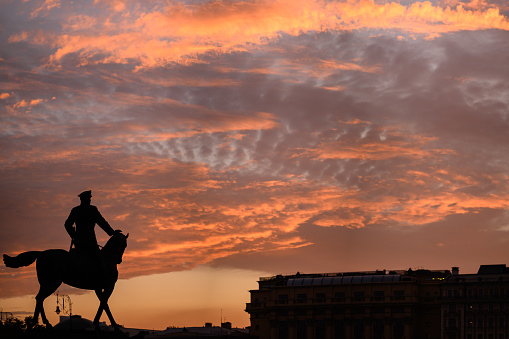 Georgy Zhukov monument in Moscow at sunset time