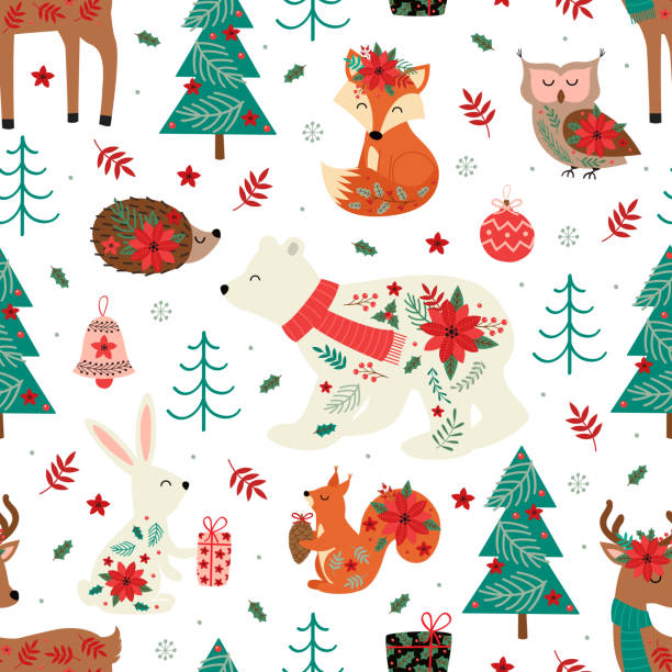 seamless pattern with Christmas winter animals vector art illustration