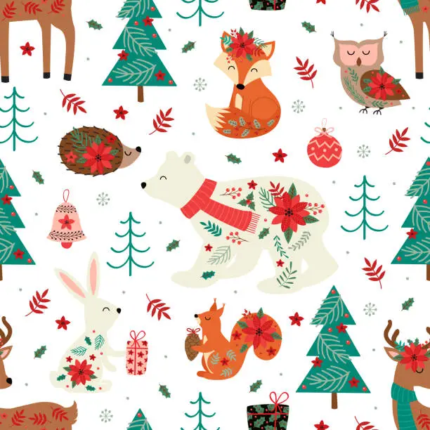 Vector illustration of seamless pattern with Christmas winter animals