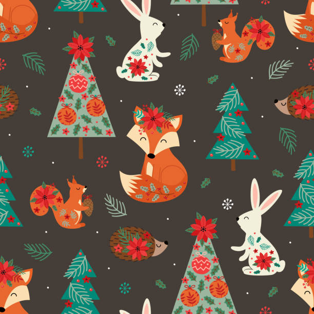 seamless pattern with  Christmas tree and animals vector art illustration