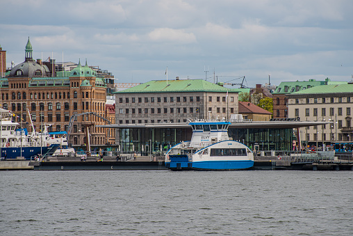 Gothenburg, Sweden - May 04 2022: Electric passenger ferry Elvy at Stenpiren resecentrum.