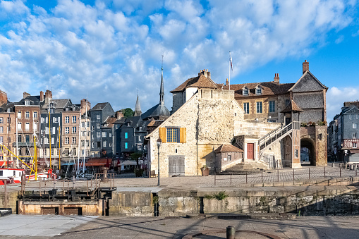 Honfleur, beautiful city in France, the harbor in the morning, typical houses