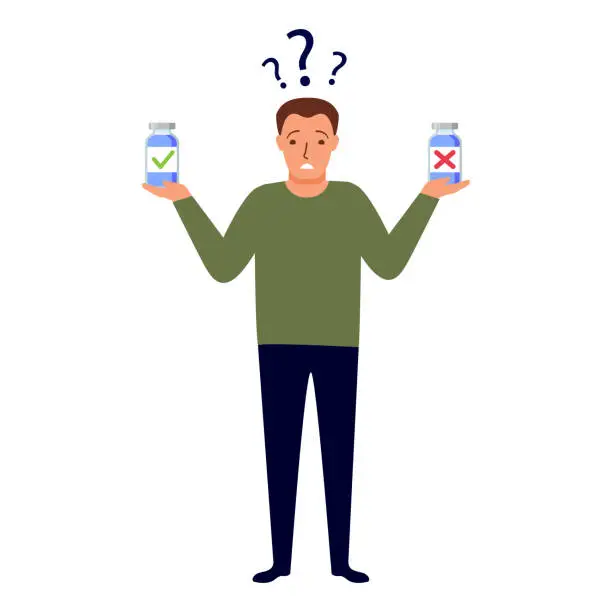 Vector illustration of Man choosing between two options.Man thinking about vaccine.Male character choosing between medicament.