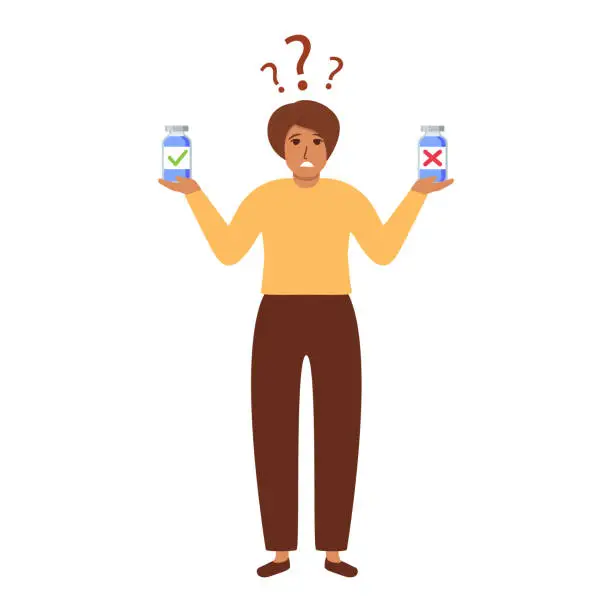 Vector illustration of Woman choosing between two options.Girl thinking about vaccine.Female character choosing between medicament.