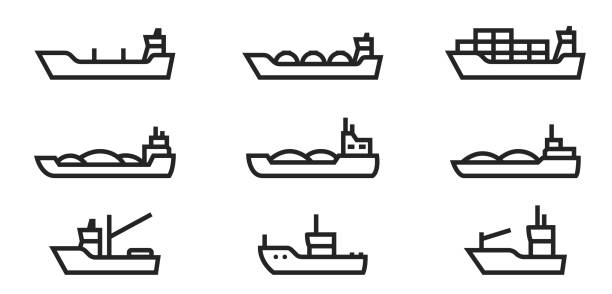 illustrations, cliparts, dessins animés et icônes de jeu d’icônes de ligne de navire industriel. navires de transport et de pêche - narrow boat