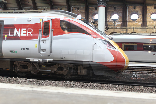 York Railway Station, United Kingdom - 22 September, 2022: LNER Azuma Class 801 (801210 at the rear) at Platform 5 in service to London Kings Cross.