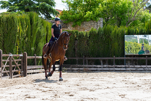 In an outdoor equestrian center, a young girl rides a brown-haired, purebred horse, no one else is visible, with copy space.