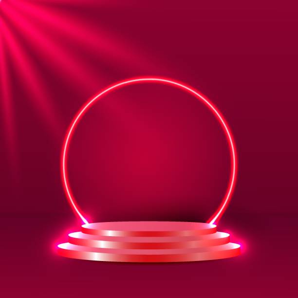 istock Red stage podium with lighting, Stage Podium Scene for Award Ceremony. Vector illustration 1439838803