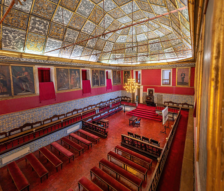 Coimbra, Portugal - Feb 11, 2020: Great Hall of Acts at University of Coimbra interior, former Royal Palace - Coimbra, Portugal