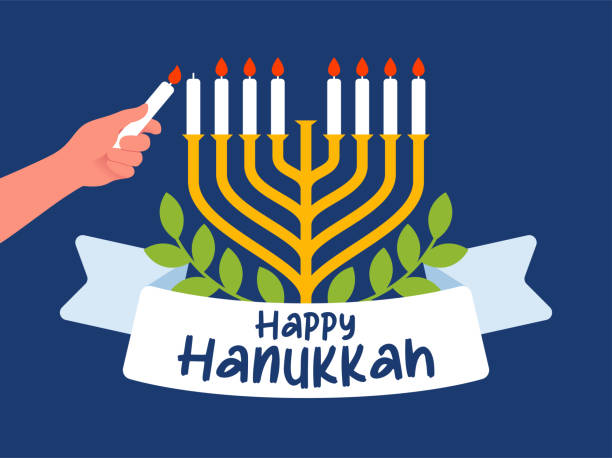 手はろうそくを持ち、ユダヤ人の光の祭典ハヌカのオリーブの枝とリボンの背景にメノラーを照らし、分離型ベクターイラスト - menorah hanukkah candle human hand点のイラスト素材／クリップアート素材／マンガ素材／アイコン素材